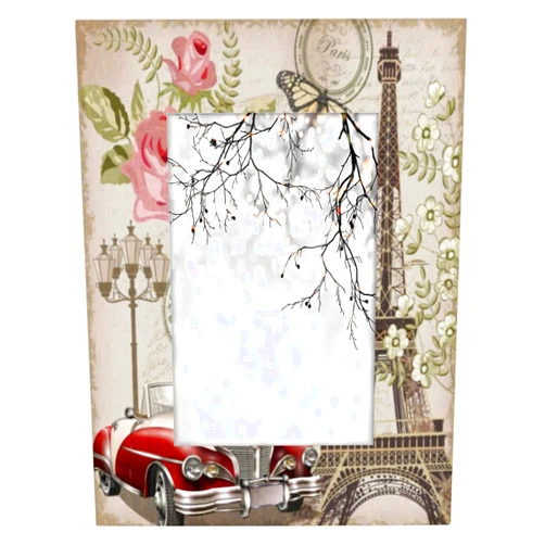 DJYQBFA 4x6 Picture Frame Paris Eiffel Tower Car Wood with High Definition Acrylic Vintage Print Photo Frame Vertical or Horizontal Display, Table Top and Wall Mounting Display
