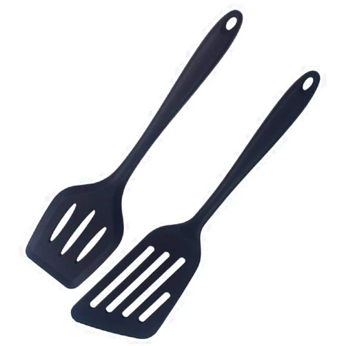 Heurion 2 Pieces Silicone Slotted Spatulas Silicone Fish Turner Spatula Non-Stick Slotted Turner Heat Resistant Fish Spatula for Scrapping Flipping Frying Turning Foods (Black)