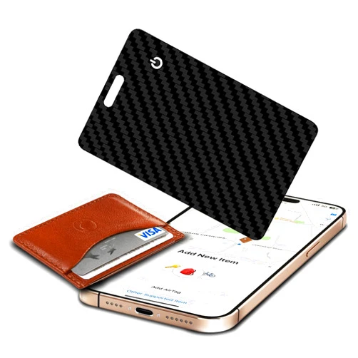 Vrebrey Wallet Tracker Card, Slim Rechargeable Bluetooth Item Locator, Smart Finder Compatible with Apple Find My for Wallet, Luggage, Passport, IP68 Waterproof (iOS Only) (Carbon Fiber Black)