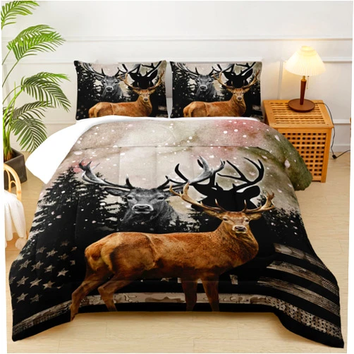 Lneffble Deer Hunting Comforter Set Queen for Boys Girls,American Flag Camo Bedding Set for Room Decor,Deer Camo Comforter Set,Rustic Snowy Forest Wildlife Animals Print Bedding Set