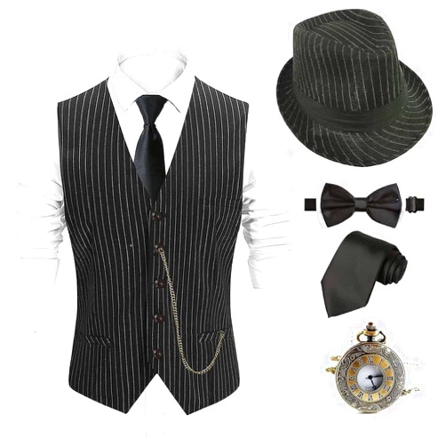 EFORLED 1920s Mens Costume Fedora Hat,Gatsby Gangster Vest,Vintage Pocket Watch,Pre Tied Bow Tie,Tie