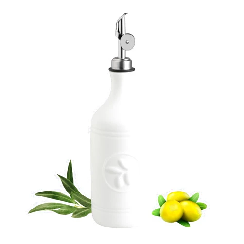 Sweejar 16 Oz Ceramic Olive Oil Dispenser Bottle, Oil Dispenser for Kitchen with Gravity Spout, Relief Opaque Oil Container for Evoo, Avocado Oil, Vinegar, Soy Sauce, 1 Pack(White, Silver Spout)