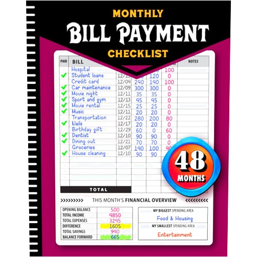 Hamish Berrani Monthly Bill Payment Checklist: Bill Tracker Notebook, The 4-Year Guide for Families & Money Managers, 960 Billing Records Included!