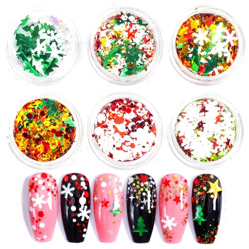 INCHIO 6 Boxes Christmas Nail Glitter Holographic Nail Art Sequins Acrylic Snowflake Star Christmas Tree Mixed Nail Glitter for Christmas Diy Manicure