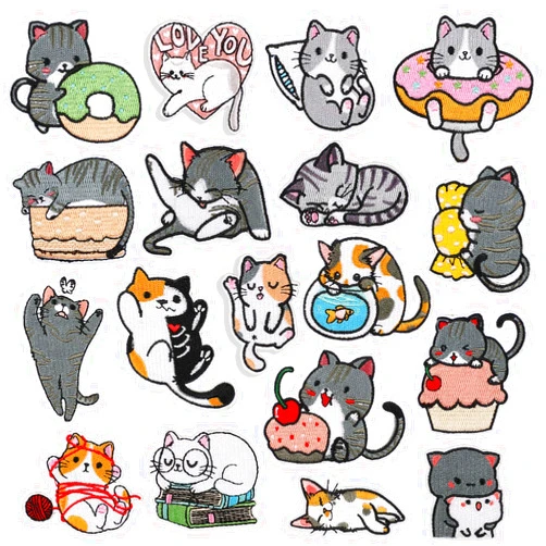 NYKKOLA 18Pcs Cute Kawaii Cat Kitty Patch for Clothing, Sew/Iron on Embroidered Appliques DIY Craft Patches for Clothes Backpacks Hats Jeans Jackets