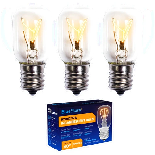 BlueStars 3 Packs 8206232A Microwave Light Bulb 40W 125V E17 Base for Under Hood Microwave Bulb, Lava Lamp, Salt Lamp Bulbs - Replaces 1890433 8206232 AP4512653