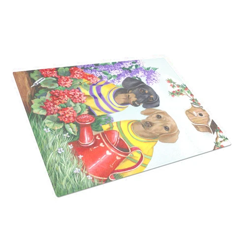 Caroline's Treasures PPP3080LCB Dachshund Blooms Glass Cutting Board Large Decorative Tempered Glass Kitchen Cutting and Serving Board Large Size Chopping Board