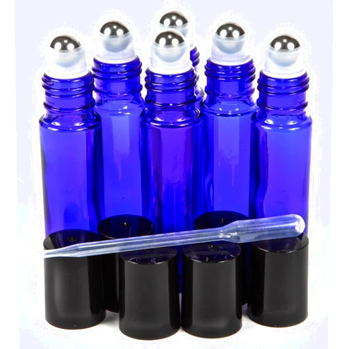 Vivaplex, 6, Cobalt Blue, 10 ml Glass Roll-on Bottles with Stainless Steel Roller Balls - .5 ml Dropper Included