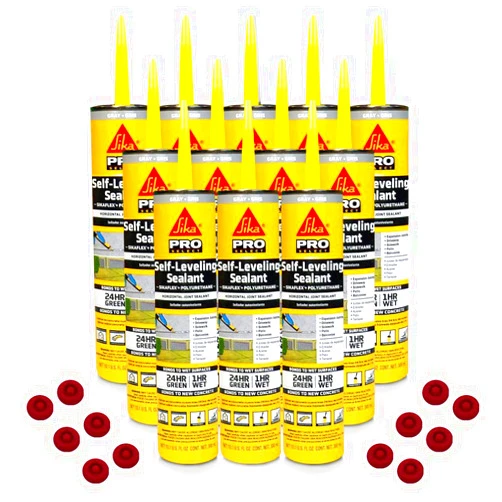 SchayCo 12 Pack Caulk Saver Caps with Case of 12 Sikaflex Self-Leveling Sealant (Gray 10.1 oz)