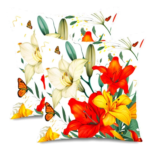 Hsrvivi Lily Butterfly Throw Pillow Covers, 18x18 Inch Set of 2, Lily Floral Pillow Covers for Sofa Bed Decorative, Square Pillow Case Cushion Cover, Double Sided (Only Pillow Cover, No Pillow Insert)
