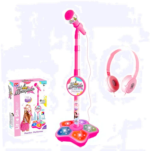 MISS. CHEN 7&7 Kids Karaoke Microphone with Adjustable Stand,Standing Mic for Portable Singing, Retractable Headset for Music Sing-along,Flashing Stage Light Base for Aged 3-6 Boys Girls （Pink）