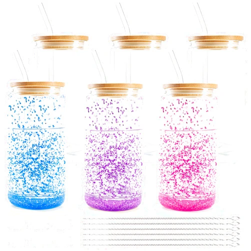 Joyclub 6 Pack Snow Globe Tumbler Pre Drilled Beer Glass Can Shaped, 16oz Double Wall Glass Cups with Lids and Straws for Snow Globe Glitter DIY Smoothie Soda Boba Tea Cocktail