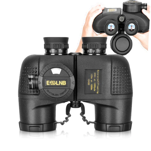 ESSLNB 10X50 Marine Binoculars for Boating with Illuminated Rangefinder and Compass IPX7 Waterproof Binoculars BAK4 Military Binoculars for Navigation Hunting with Strap and Carrying Bag