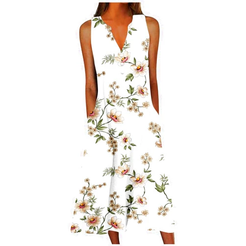 SMIDOW Womens Summer Design Casual Dress Fashion Floral Printed Elegant Dress Sleeveless V-Neck Long Dress with Pockets