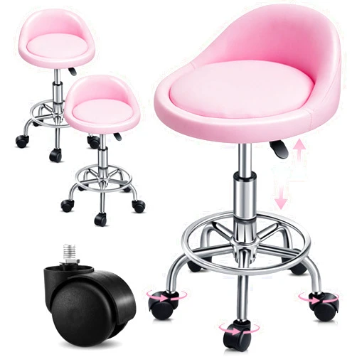 Soaoo Set of 2 Pink Rolling Stool with Backrest Height Adjustable Rolling Lash Chairs for Eyelash Tech Swivel Salon Stool Chair for Tattoo Massage Tattoo Facial Spa Makeup