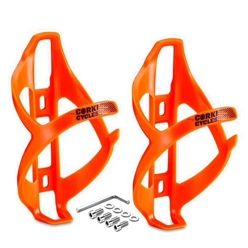corki Cycles Bike Water Bottle Holder Right Side Load Water Bottle Cage for Road, MTB, Gravel Bicycle Vibrant Orange 2 Pack