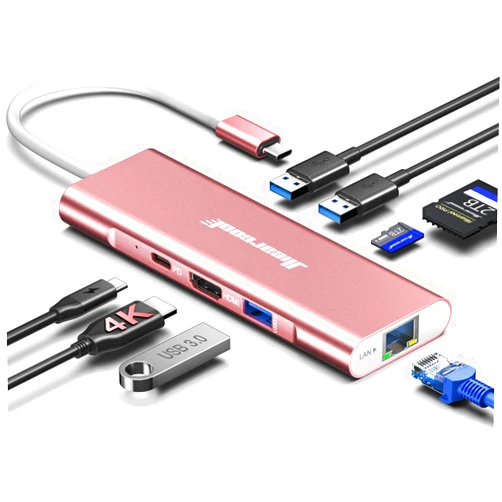 Hiearcool USB C Hub Ethernet, 8in1 USB C Hub Multi-Port Adapter, USB C to HDMI Docking Station Type C Adapter USB C Dongle Compatible for MacBook Dell XPS HP ASUS and More USB C Devices-Rose Gold