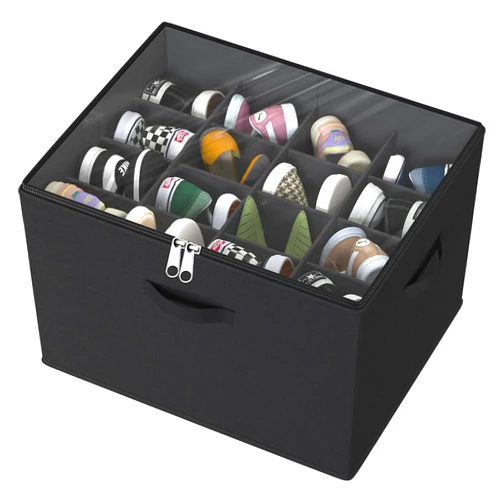 LIGHWODE Shoe Organizer for Closet - Large Capacity Shoe Storage Bins, Up to Fits 16 Pairs - Clear Foldable with Adjustable Dividers and Reinforced Handles- Space-Saving Shoe Rack, Black