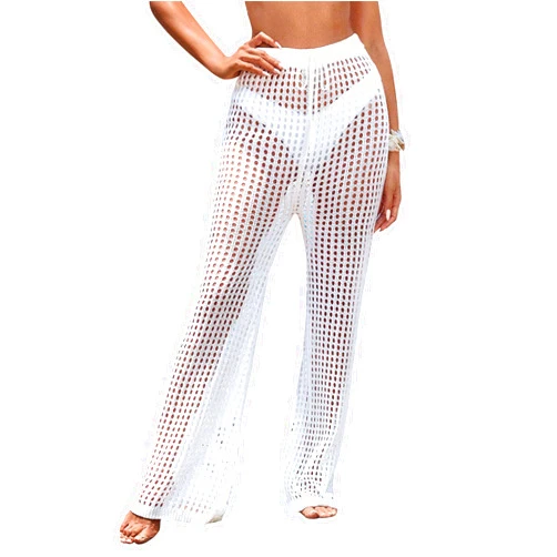 BreathSunny Women's Beach Cover Up Pants Hollow Cut Drawstring Elastic High Waist Bathing Suit Mesh Sheer Wide Leg Pant