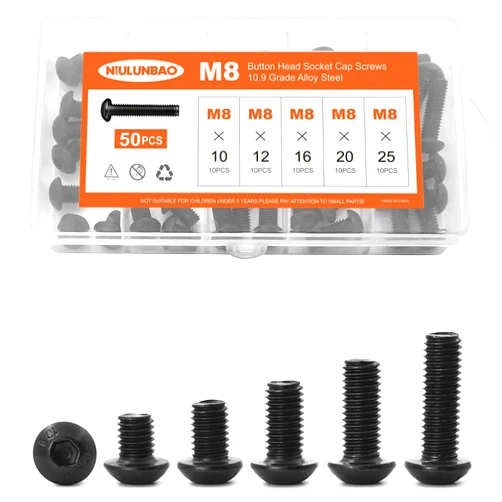 NIULUNBAO M8 x 10mm 12mm 16mm 20mm 25mm Button Head Socket Cap Screws Bolts 10.9 Grade Alloy Steel, Black Oxide Finish, Metric Allen Hex Drive, Machine Fully Threaded, Assortment Kit 50PCS