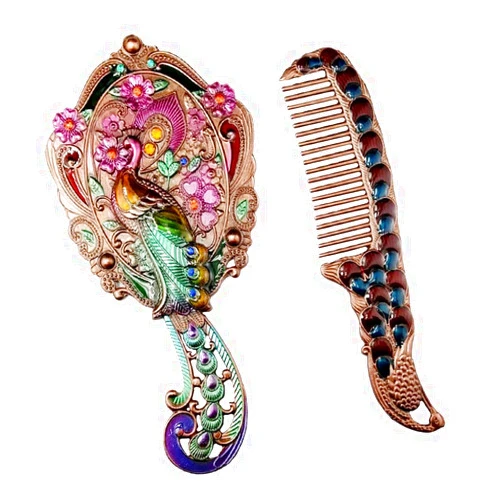 HEALLILY 1 Set Antique Mirror Comb Set Vintage Metal Peacock Handheld Makeup Mirror Travel Dressing Table Princess Mirror Cosmetic Mirror Vanity Mirror Set with Comb for Women Salon