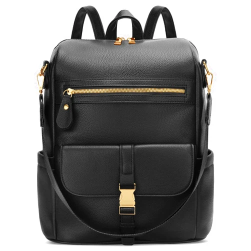 KKXIU Backpack Purse for Women - PU Leather Ladies Backpack for Daily with Anti-Theft Lock Pocket, Small Daypack with Luggage Strap & Water Bottle Pockets (Black)