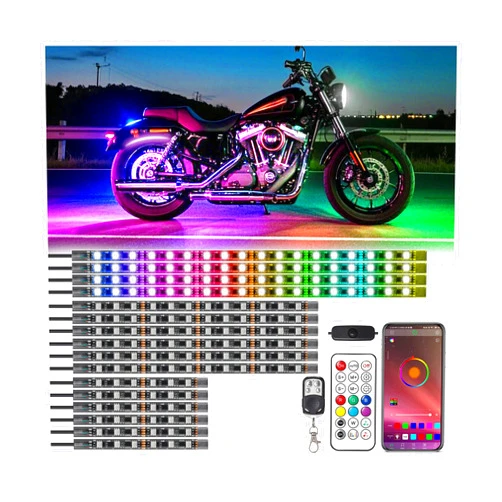 TDE Explorer.Lighting 16Pcs RGB+IC Chasing Motorcycle LED Lights with APP/RF Remote, Dreamcolor Motorcycle LED Underglow Kit with Brake Turn Signal, 12V Waterproof Neon Strip Lights Kit for Harley Kawasaki ATV Golf Cart