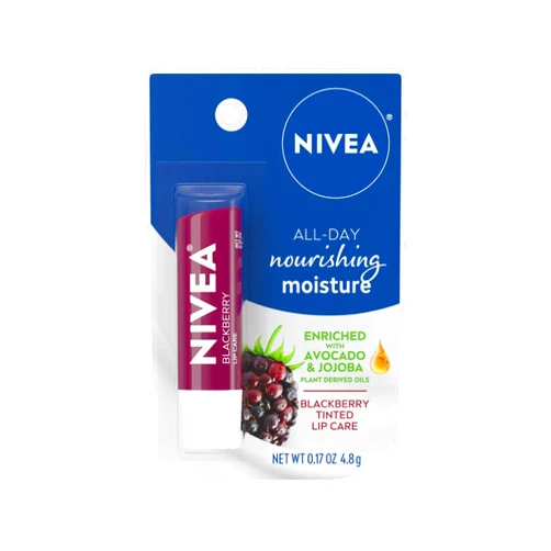 NIVEA Lip Balm, Blackberry Flavored Tinted Lip Balm Stick with Shea Butter and Jojoba Oil, 0.17 Oz, Pack of 1