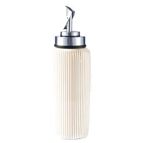 MIKIGEY Ceramic Olive Oil Dispenser Bottle for Kitchen, Oli and Vinegar Cruet with Stainless Steel Spout, Olive Oil Bottle |400ml, Set of 1, Off-White
