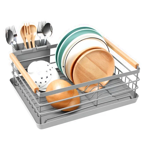 BRIAN & DANY Dish Drying Rack, Dish Racks for Kitchen Counter, Stainless Steel Dish Drainer with Removable Cutlery Holder & Drainboard, Grey
