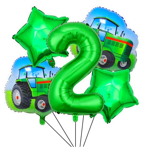 DYT 5Pcs Tractor Foil Balloons Green Tractor Birthday Number 2 Mylar Foil Balloon Farm for 2nd Birthday Party Decorations