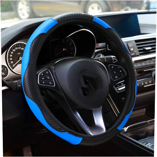 STEVE YIWU Car Steering Wheel Cover,Carbon Fiber Steering Wheel Cover for Men and Women Microfiber Anti-Slip PU Leather Elastic Steering Wheel Cover,Universal Fit 15 Inch (Blue)