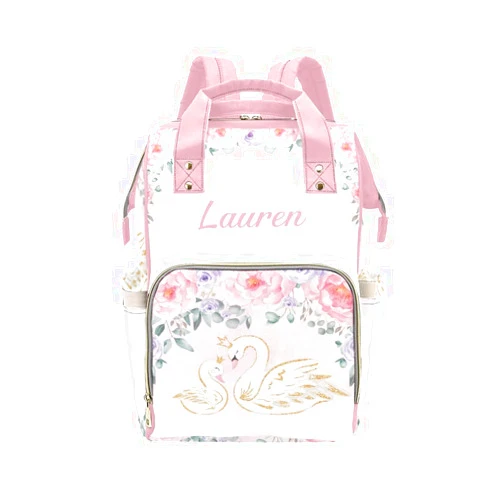 Anneunique Watercolor Flower Swan Pink Diaper Bags Backpack with Name Personalized Baby Bag Nursing Nappy Bag Travel Tote Bag Gifts