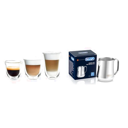 De'Longhi Fancy Collection Double Walled Thermo Espresso, Cappuccino and Latte Macchiato Glasses (Set of 6) and De'Longhi DLSC060 Stainless Steel Milk Frothing Jug