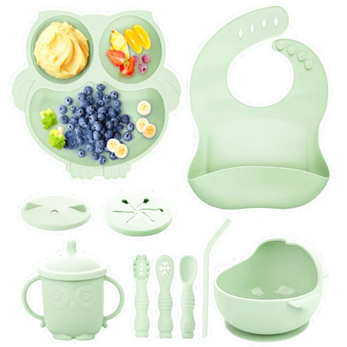 Bnditeu Baby Weaning Set, Silicone Baby Feeding Set(10 Pcs), Toddler Weaning Set with Adjustable Bib, Suction Bowl, Plate, Fork, Spoon, Water & Snack Cup Kit, Baby Led Weaning Kit for Babies and Kids