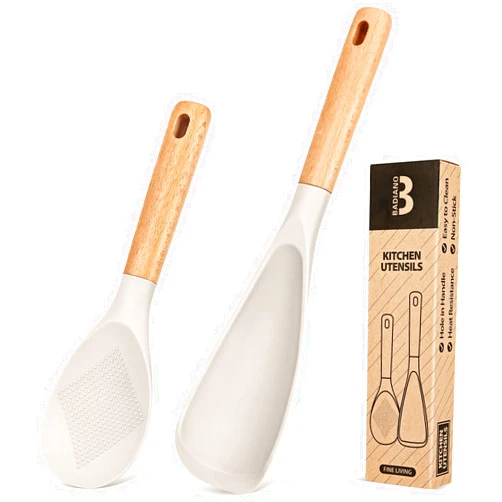 Badiano Cooking Spoon and Rice Scooper for Nonstick Cookwares, Great for Cooking and Serving Sturdy BPA-Free Matte Silicone, Wood Handle Spoon for Mixing, Scoop, and Scrape (KHAKI)