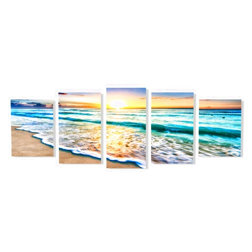 YPY Blue Ocean Sunset Wall Art: Sea Beach Canvas Print Wall Decor - Teal Wave Picture Living Room Decoration, Modern Seascape Artwork 5 Piece Framed Poster for Bedroom 40