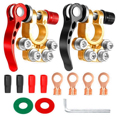 RUGLAMZHIP Car Battery Terminal Connectors, 2pcs Battery Terminals Top Post, 4 Way Auto Car Battery Terminals Clamps Connectors Quick Release Disconnect Positive Negative for SAE/JIS Type A Posts