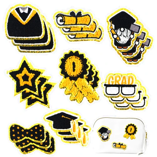 EYNDYN 24 Pcs Graduation Chenille Patches Iron on Patches Varsity Patches Embroidered Cloth Patches Sew On Appliques for Clothes Hat Shirt Bag Jeans DIY Decorations