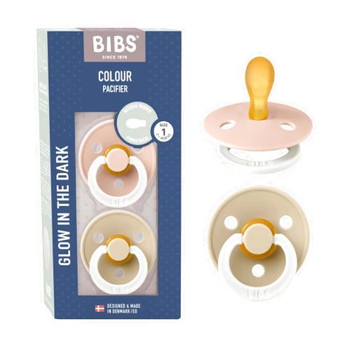 BIBS Pacifiers 0-6 Months | 2-Pack Soothers | Symmetrical Nipple | BPA-Free Natural Rubber | Made in Denmark | Blush Glow/Vanilla Glow Colour Pacifier