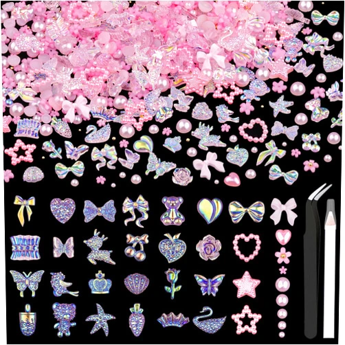 BELLEBOOST 150 PCS 3D Nail Charms Butterfly Bow Star Heart Bear Shiny Jewels with 3D Flowers and Flat Pearls, Over 400 PCS Cute Charms in Total with Pickup Tools for Nail Art Decoration(Pink)