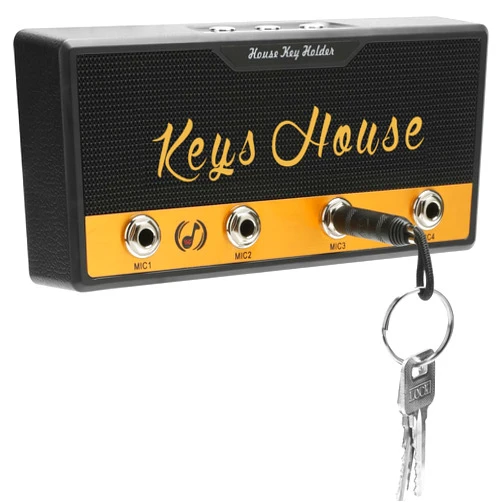 SODWEF Rock Amp Jack Key Holder for Wall,Guitar Amp Key Holder Wall Mount, for Speaker Wood Key Storage, Key Rack Hook includes 4 Guitar Plug Keychains Home Decoration (Black)