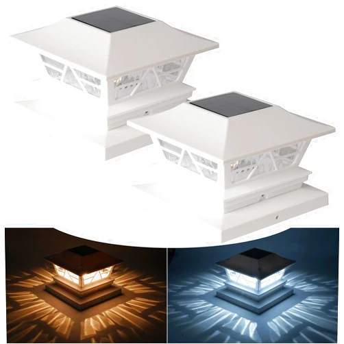 TW SHINE 2 Pack Solar Outdoor Fence Post Lights, 2 Modes Post Cap Lights Waterproof Warm White/Cool White for Yard, Garden, Porch, Patio Decor, for 4x4 5x5 6x6 Wood Posts, White