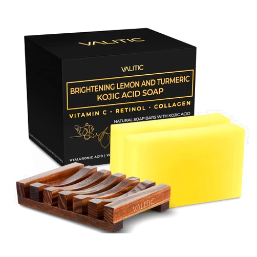 VALITIC Brightening Lemon & Turmeric Kojic Acid Soap with Vitamin C, Retinol, Collagen - Original Japanese Complex - with Hyaluronic Acid, Vitamin E, Shea Butter, Castile Olive Oil 2 Pack+Holder
