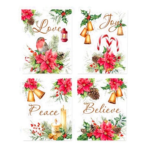 HLNIUC Jingle Bell Christmas Canvas art print,Vintage Xmas lettering Wall Art (4pcs, 8”X10”, Unframed),Red Poinsettia Flowers Poster for Bedroom Holiday Party Decor