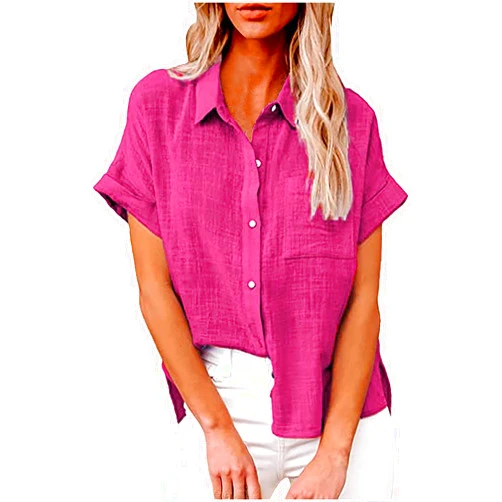 Ceboyel Women Short Sleeve Cotton Linen Shirts Button Down Blouse Gauze Collared Summer Tops Boho Casual Ladies Clothes