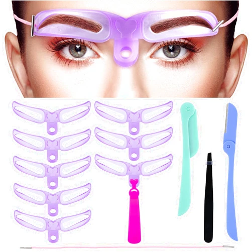 Honoson 8 Pieces Eyebrow Stencil 8 Styles Eyebrow Template DIY Grooming Eyebrow Shaping Kit Washable Reusable Eyebrow Template with Handle Stainless Steel Tweezers and Foldable Eyebrow Razor(Chic Style)
