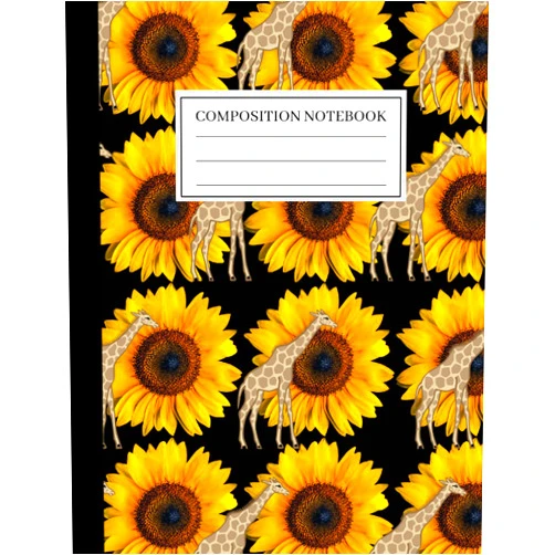 M.Q. Printing Composition Noteook: Cute Sunflower Giraffe Print Composition Notebook Black and Yellow, 120 Lined Pages, 7.5