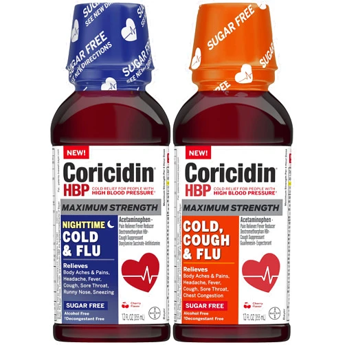 Coricidin HBP Maximum Strength Cold & Flu Day & Night Sugar-Free Liquid Twinpack, Decongestant-Free Cold Medicine for Adults with High Blood Pressure - 24 Fluid Ounces