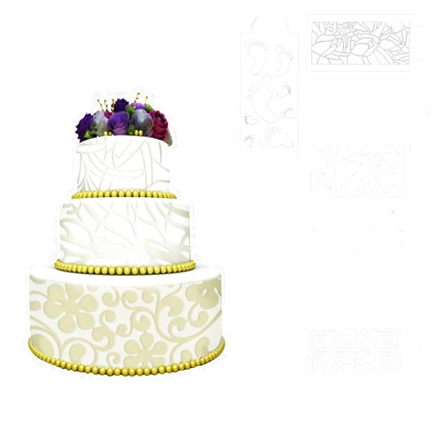 Vresqi 10 PCS Cake Stencils Set for Decorating Dessert Baking, with Patterns Such As Footprints Leaves and Flowers That Can Be Reused, Hollow Template for Graffiti Painting and Spray Painting